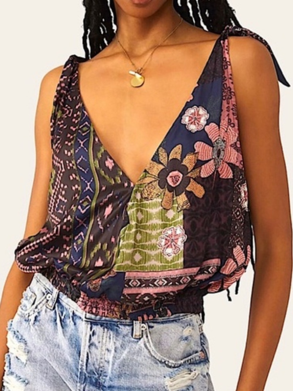 Free People Tied To You Tank Moss Floral Tie Strap Surplice Top Large - Picture 1 of 7